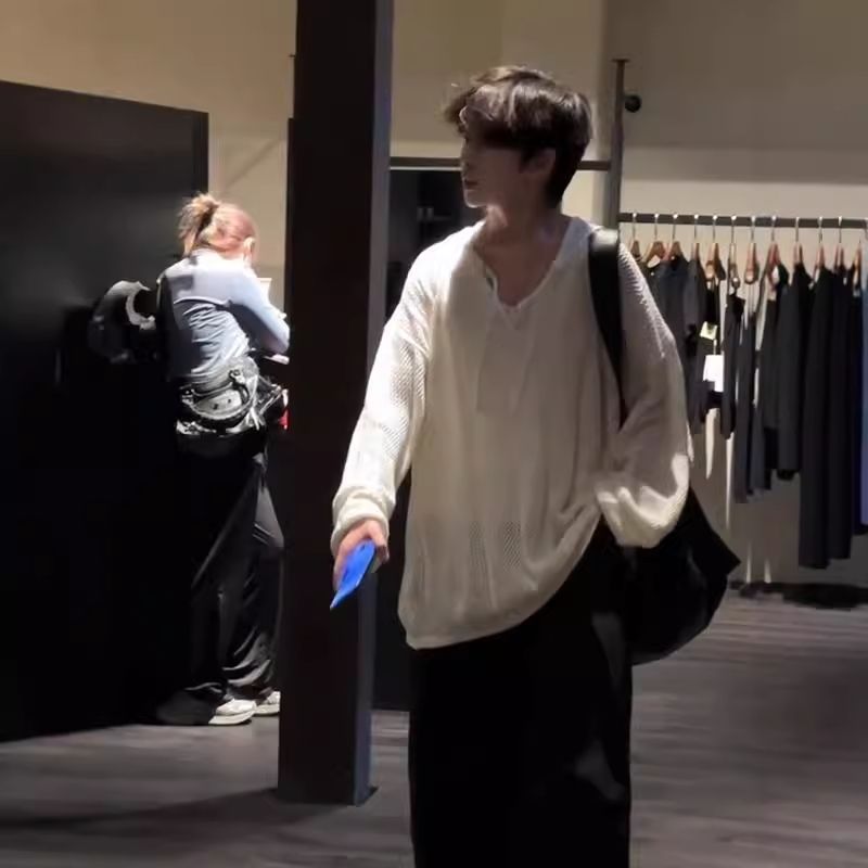 小眾設計感針織寬鬆慵懶風高級感鏤空長袖t恤-vivivale