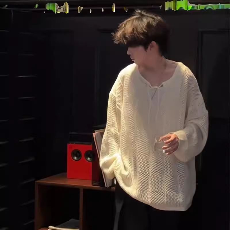 小眾設計感針織寬鬆慵懶風高級感鏤空長袖t恤-vivivale