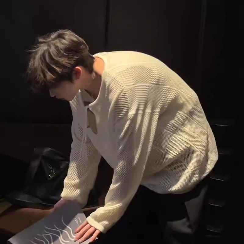 小眾設計感針織寬鬆慵懶風高級感鏤空長袖t恤-vivivale