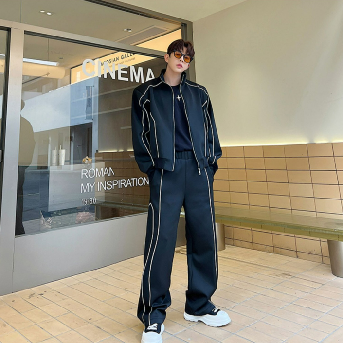 【整套】高級感寬鬆設計感夾克+休閒運動闊腿褲兩件套裝-vivivale