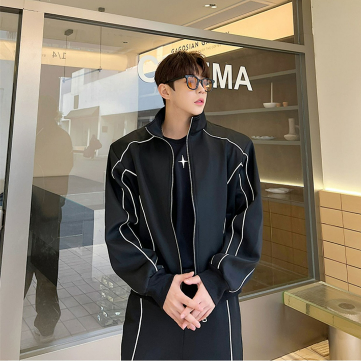 【整套】高級感寬鬆設計感夾克+休閒運動闊腿褲兩件套裝-vivivale