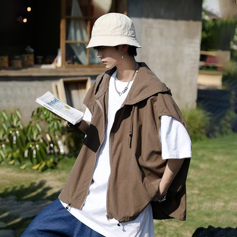 復古文藝休閒外搭寬鬆慵懶風連帽背心馬甲-vivivale