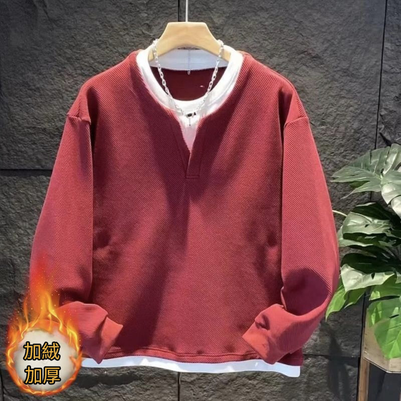 假兩件拼接慵懶風V圓領寬鬆百搭情侶長袖衛衣-vivivale