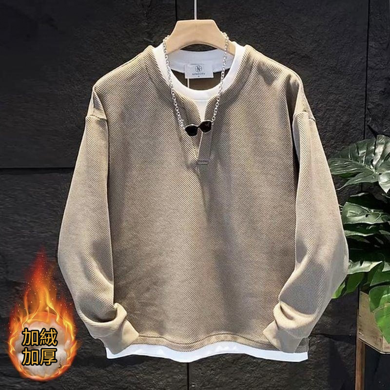 假兩件拼接慵懶風V圓領寬鬆百搭情侶長袖衛衣-vivivale