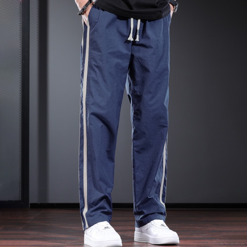 測邊條紋薄款個性設計感寬鬆直筒休閒褲-vivivale