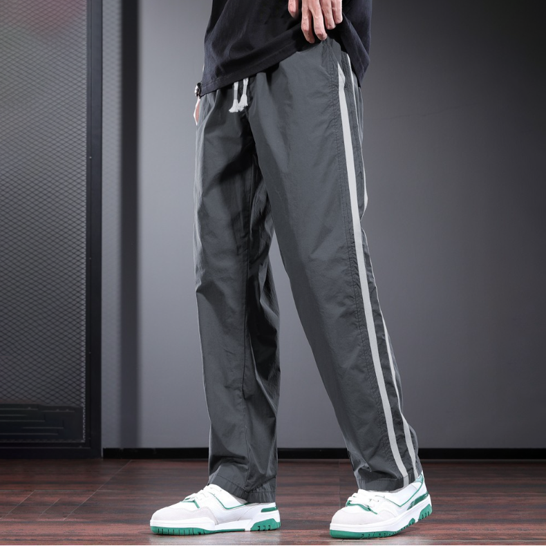 測邊條紋薄款個性設計感寬鬆直筒休閒褲-vivivale