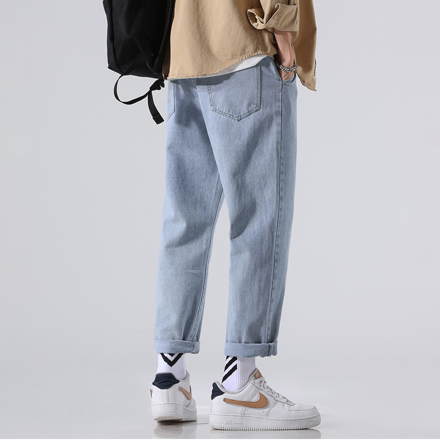 寬鬆直筒鬆緊腰抽繩闊腿休閒百搭牛仔褲-vivivale