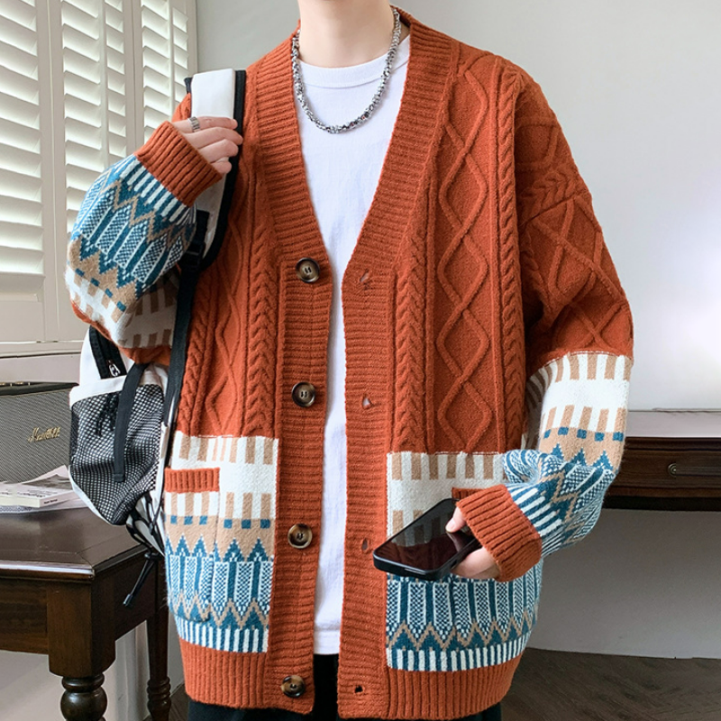 美式寬鬆麻花毛衣外套V領慵懶風情侶針織開衫