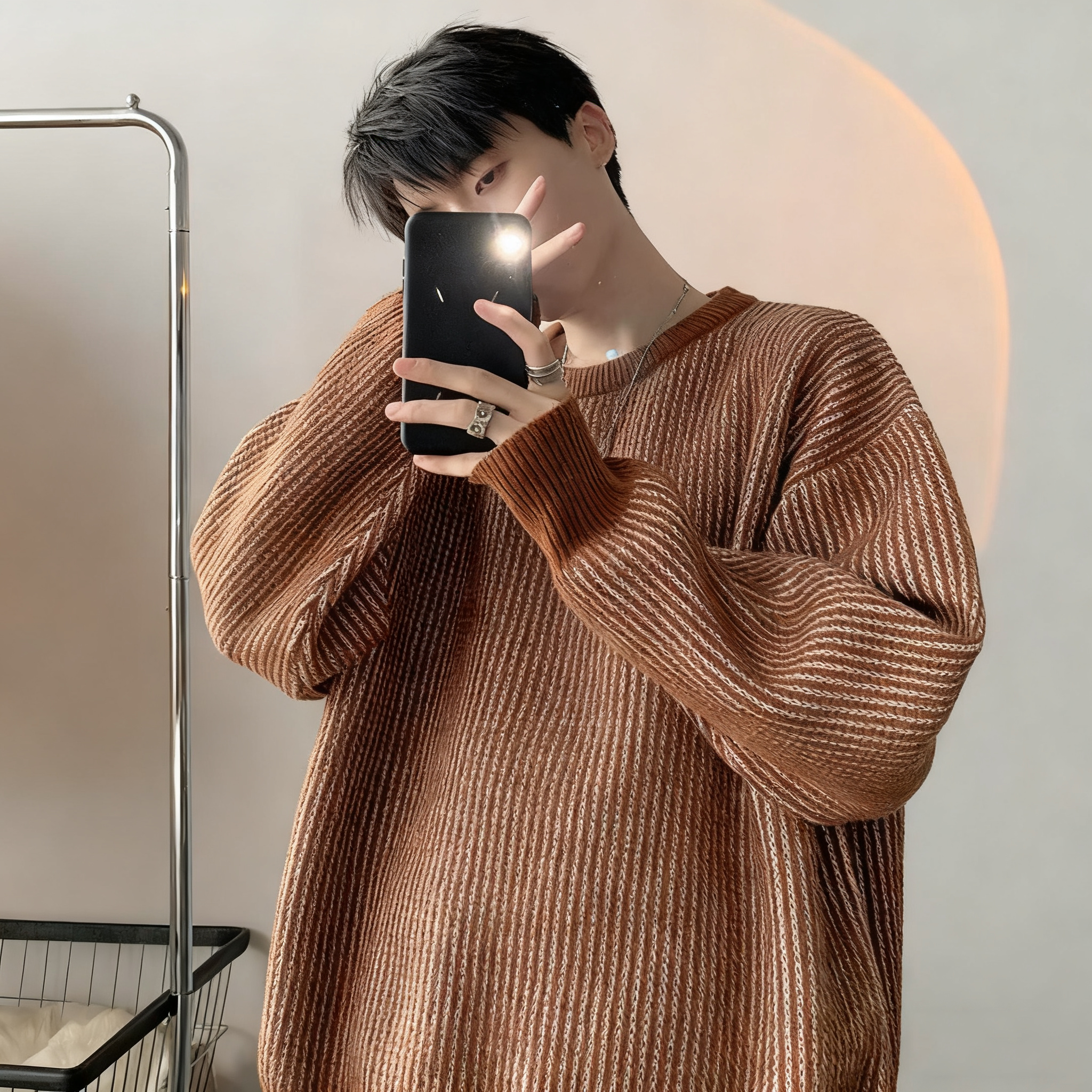 慵懶風圓領毛衣港風百搭寬鬆條紋針織衫-vivivale