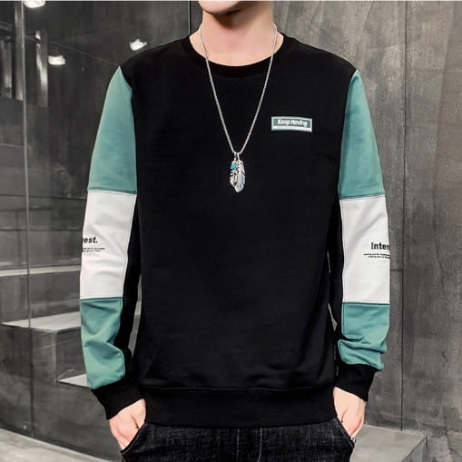 圓領休閒拼接寬鬆套頭ins潮流長袖T恤-vivivale