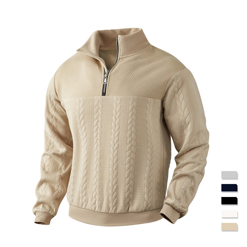 復古休閒半拉鏈寬鬆重磅拼接提花立領長袖-vivivale