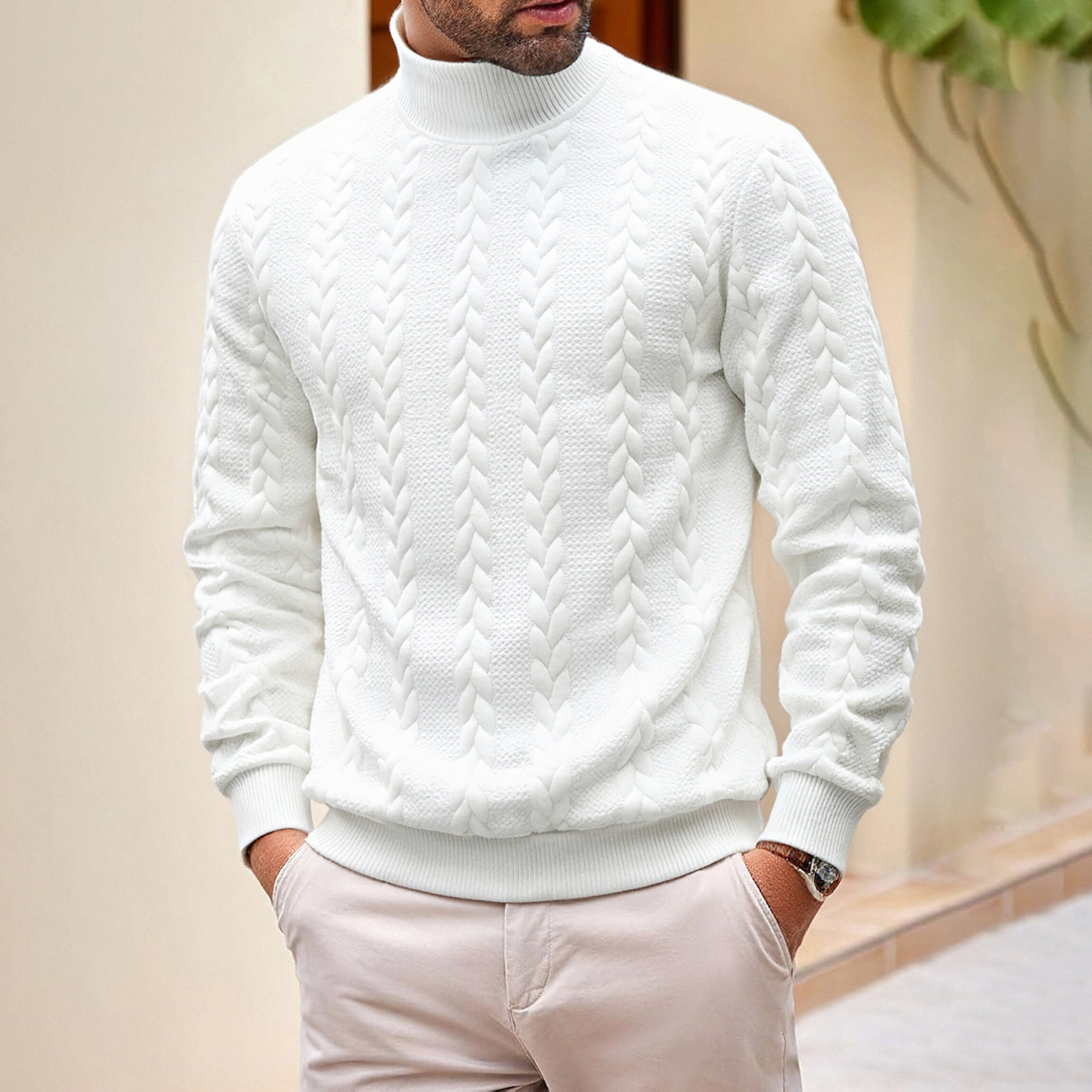 戶外休閒純色時尚提花高領保暖針織毛衣-vivivale