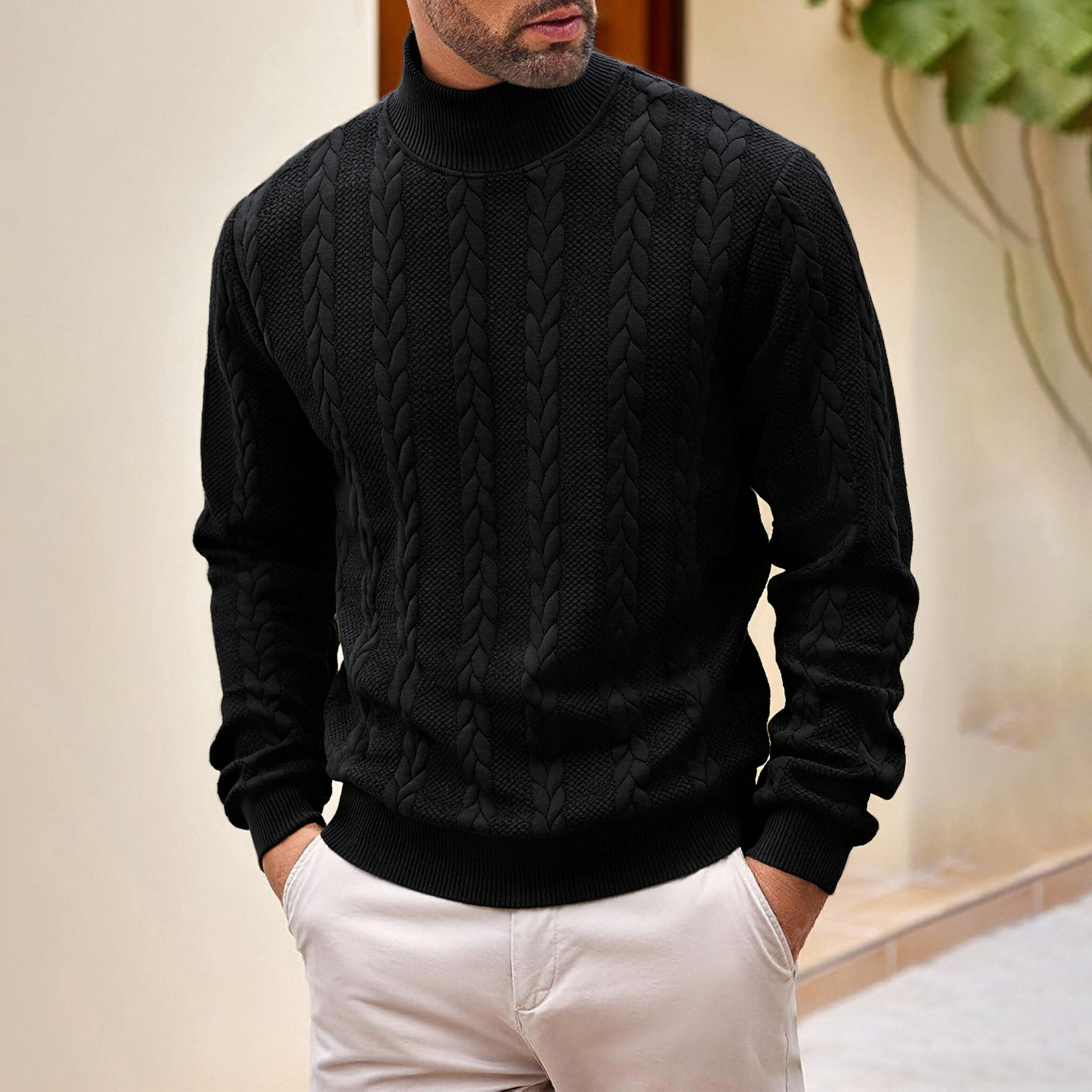 戶外休閒純色時尚提花高領保暖針織毛衣-vivivale