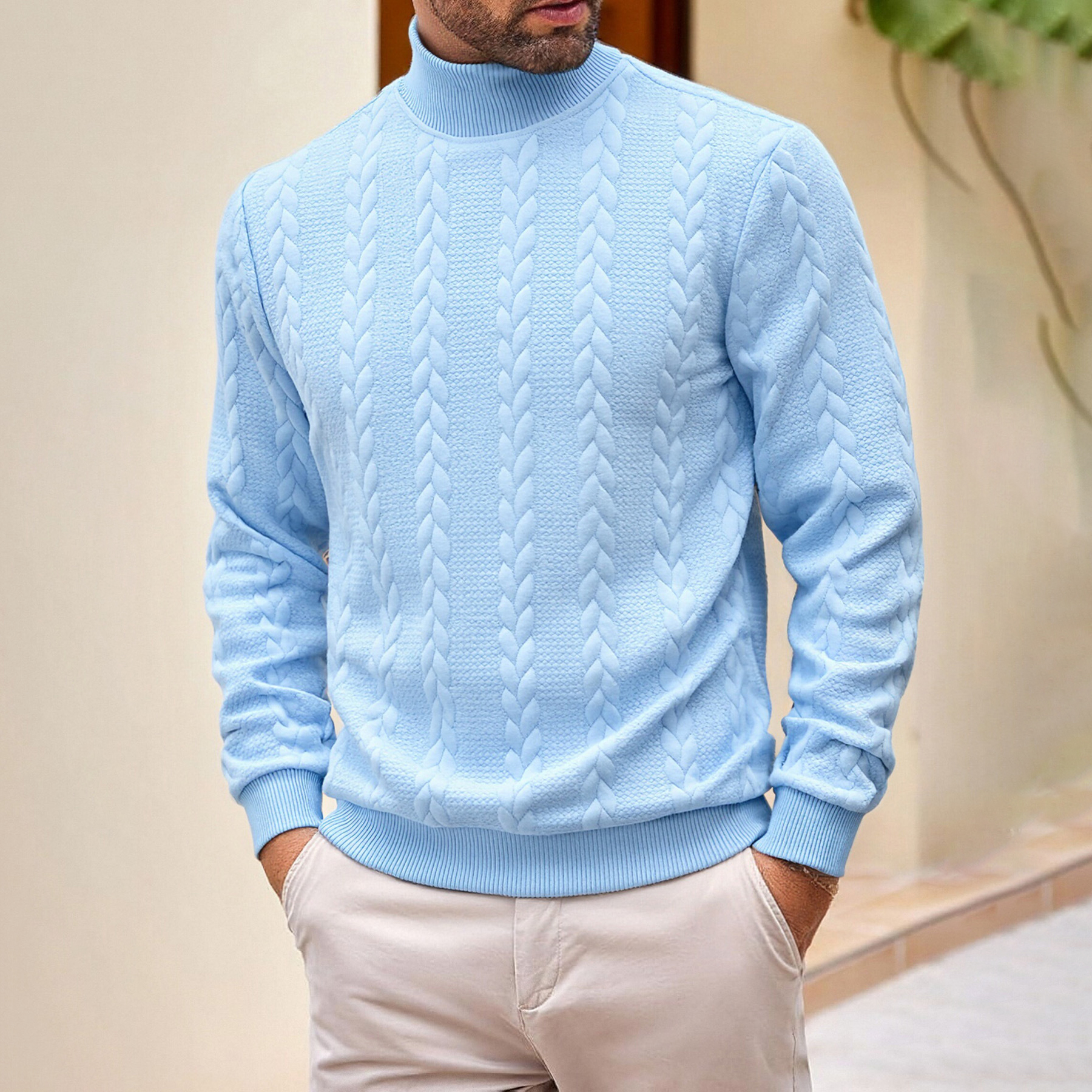 戶外休閒純色時尚提花高領保暖針織毛衣-vivivale