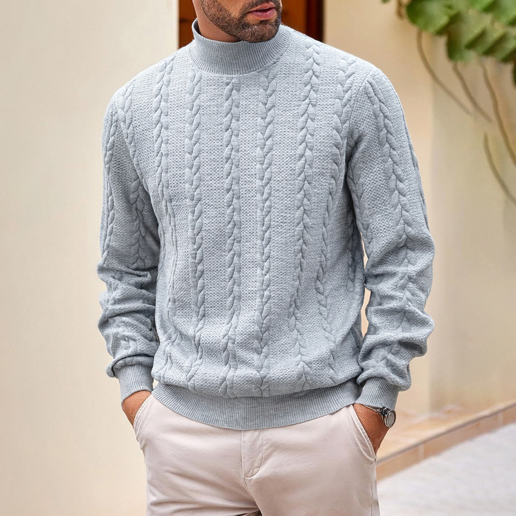 戶外休閒純色時尚提花高領保暖針織毛衣-vivivale