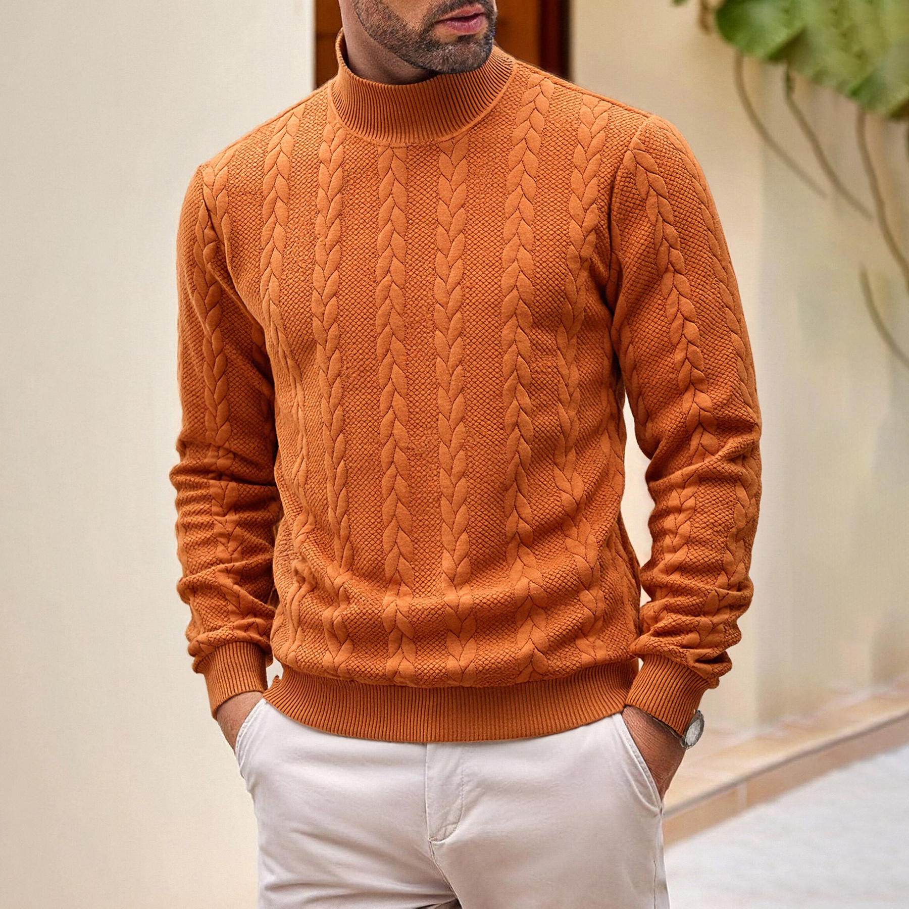 戶外休閒純色時尚提花高領保暖針織毛衣-vivivale