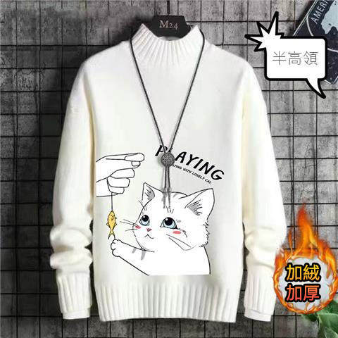 韓版卡通印花潮流針織衫一體絨半高領毛衣-vivivale