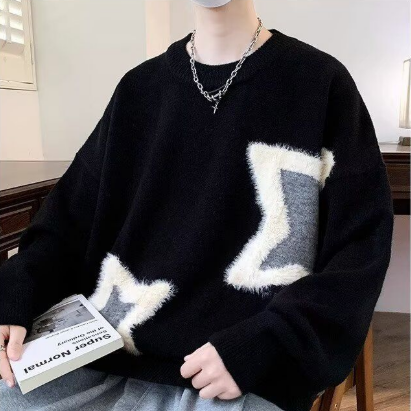 寬鬆加厚鹿毛絨星星提花打底慵懶針織毛衣-vivivale