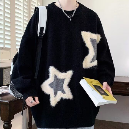 寬鬆加厚鹿毛絨星星提花打底慵懶針織毛衣-vivivale