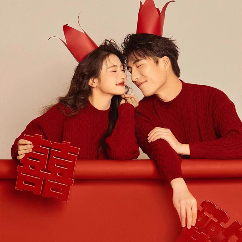 本命年慵懶高級感粗麻花針織衫情侶紅色毛衣