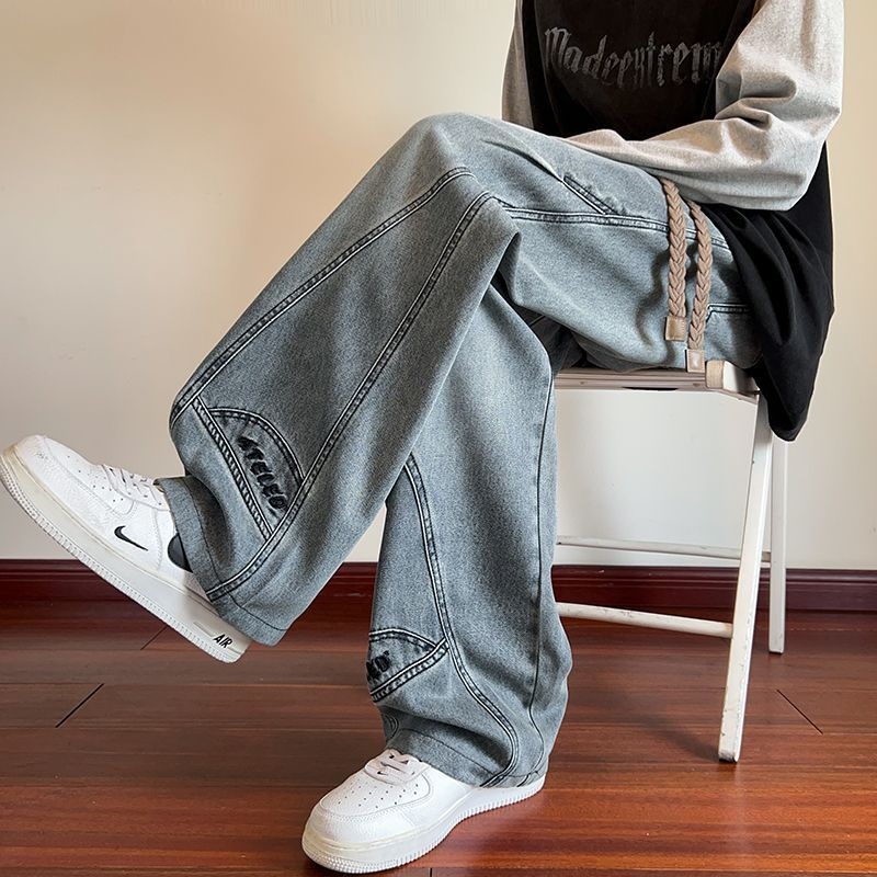 美式高街寬鬆痞帥炸街闊腿顯高刺繡牛仔褲