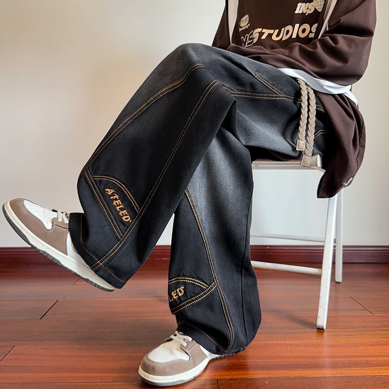 美式高街寬鬆痞帥炸街闊腿顯高刺繡牛仔褲