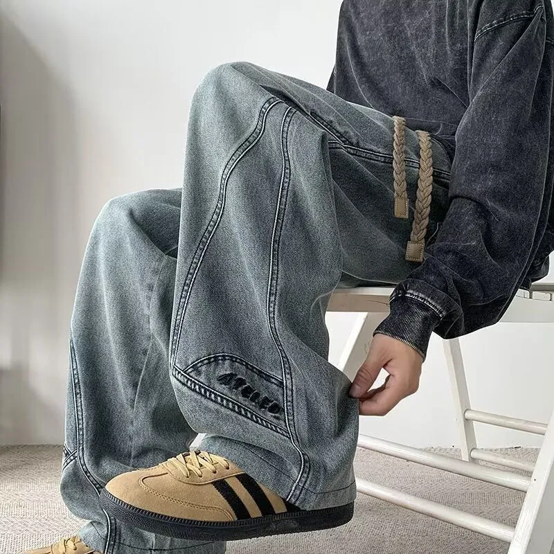 美式高街寬鬆痞帥炸街闊腿顯高刺繡牛仔褲