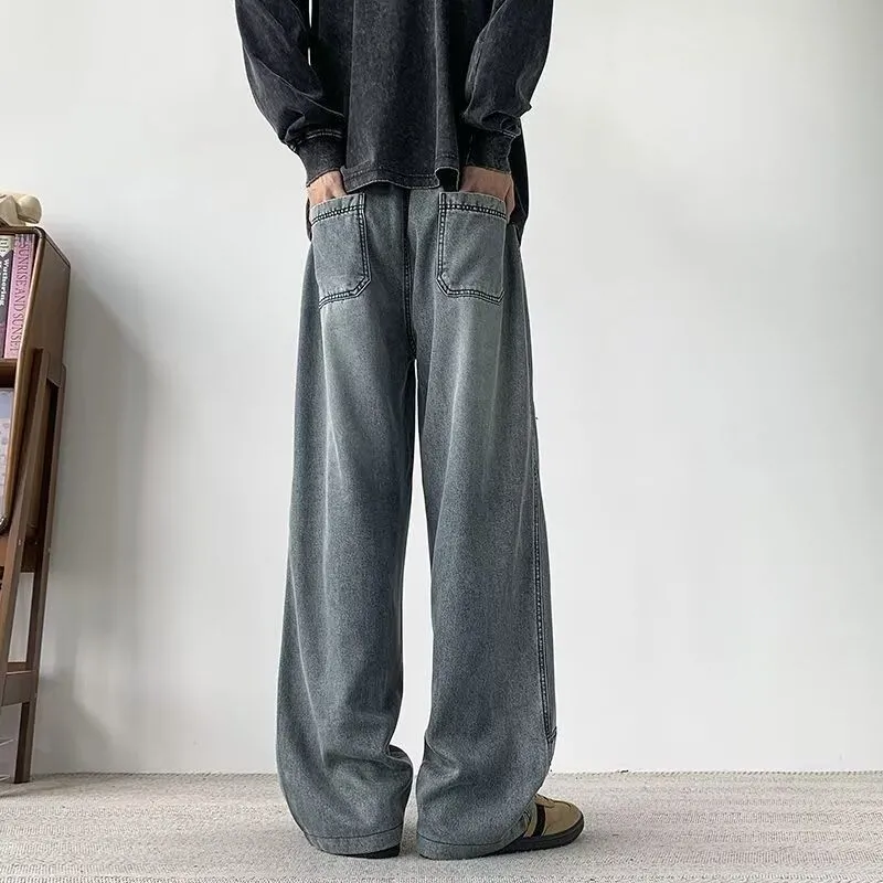 美式高街寬鬆痞帥炸街闊腿顯高刺繡牛仔褲