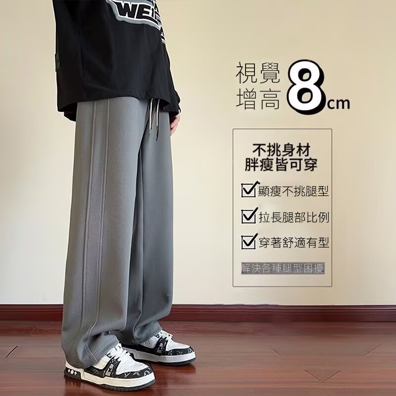 港風潮流寬鬆直筒貼標闊腿華夫格運動休閒衛褲