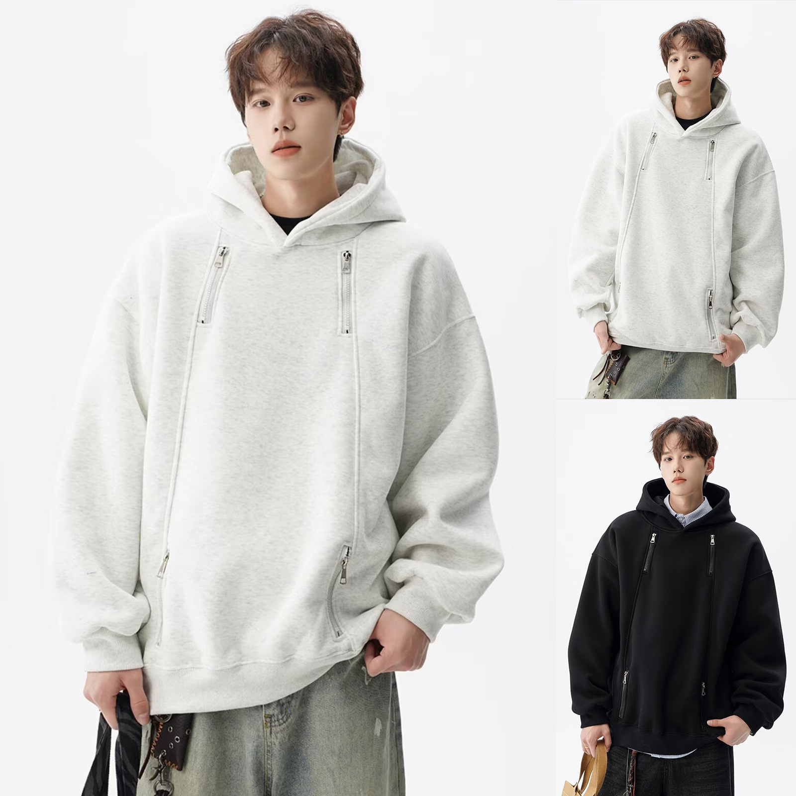 設計感重磅高街多拉鍊寬鬆休閒百搭小眾連帽衛衣