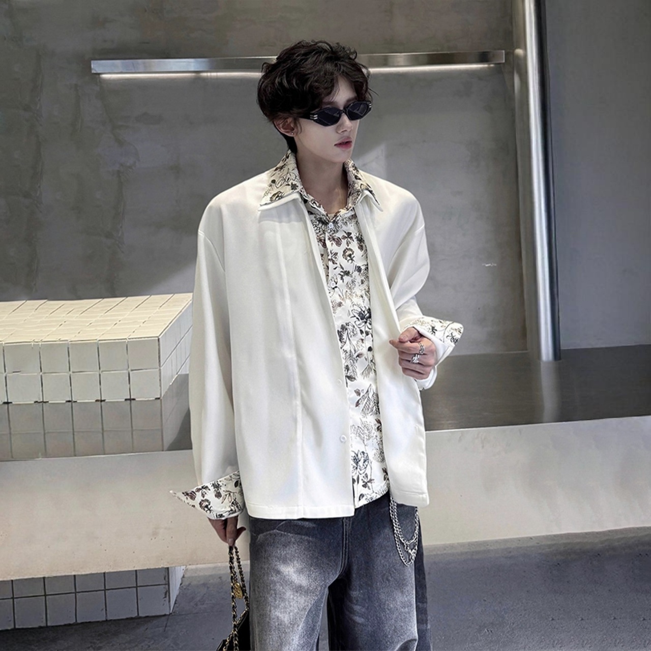 美式復古花裡雙層領假兩件設計感薄款襯衫