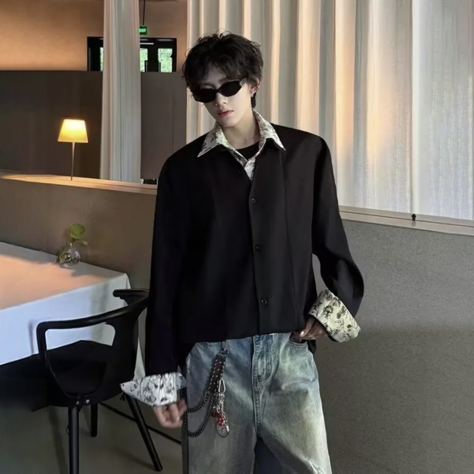 美式復古花裡雙層領假兩件設計感薄款襯衫