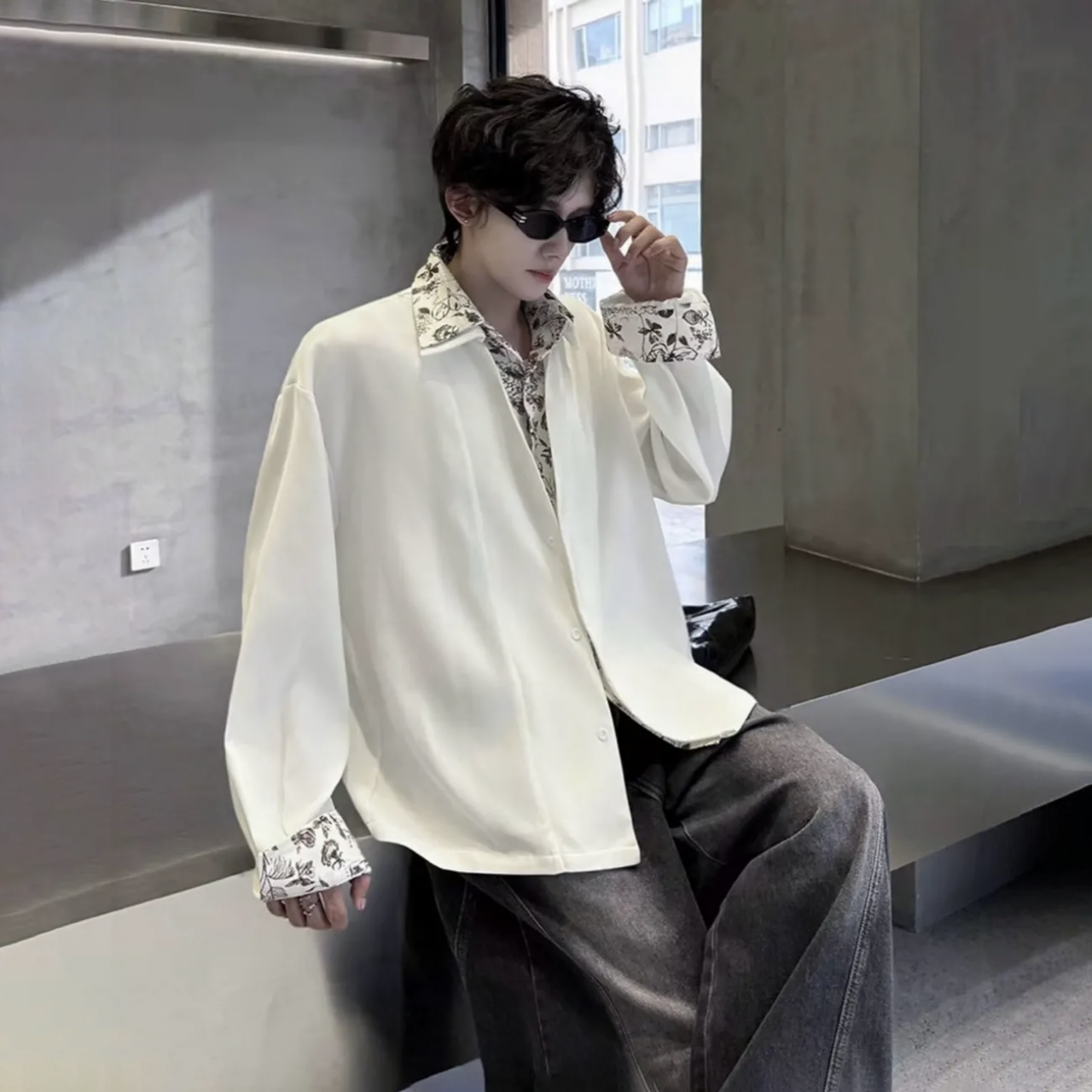 美式復古花裡雙層領假兩件設計感薄款襯衫