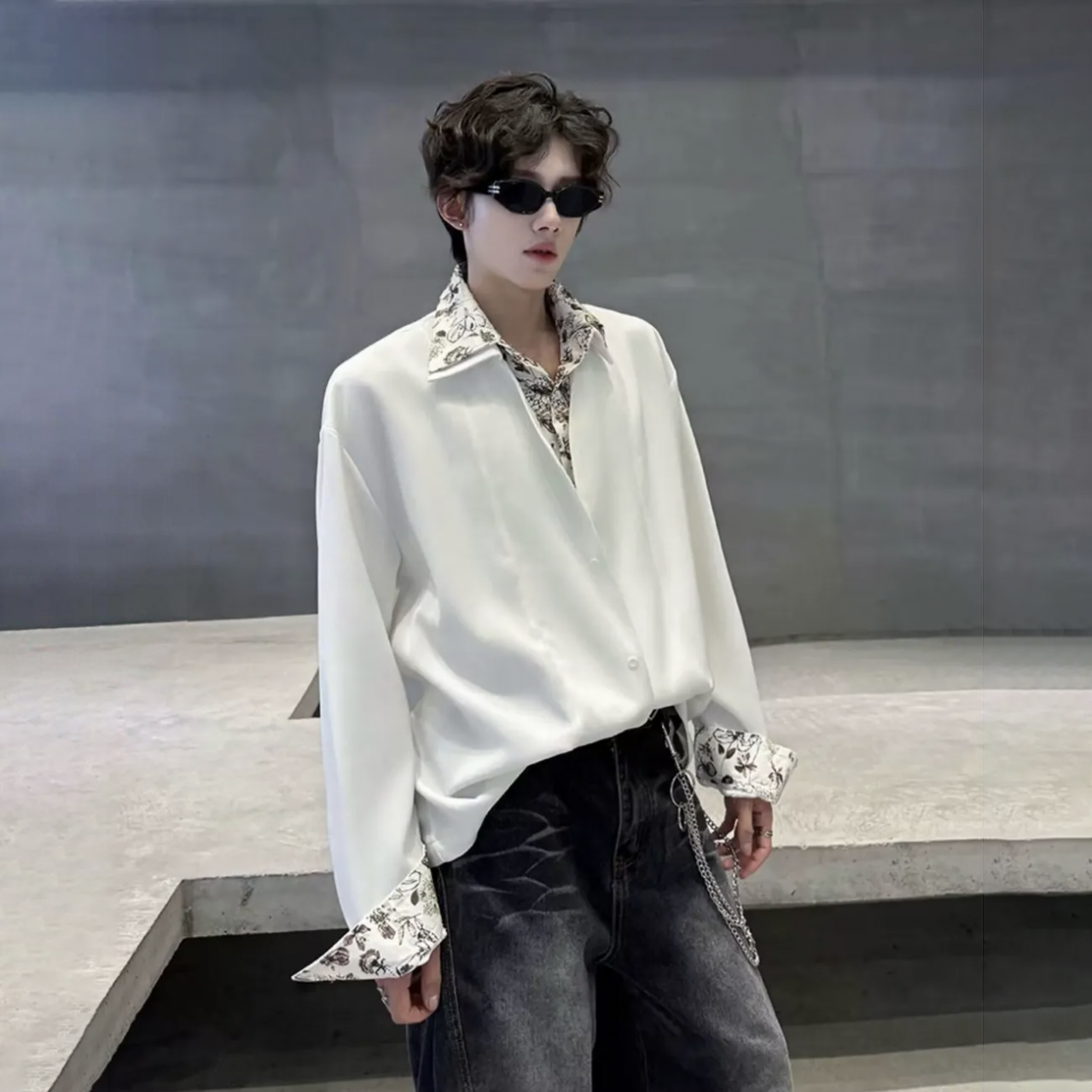 美式復古花裡雙層領假兩件設計感薄款襯衫