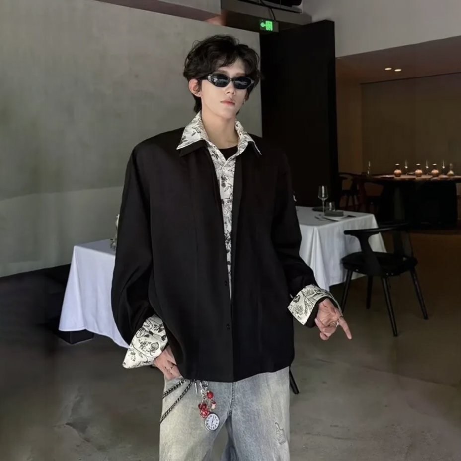 美式復古花裡雙層領假兩件設計感薄款襯衫