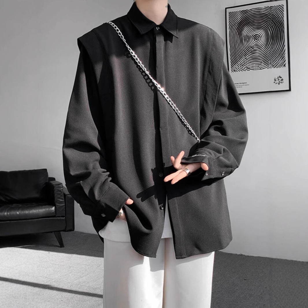 高級感痞帥廓形百搭美式潮牌假兩件長袖襯衣