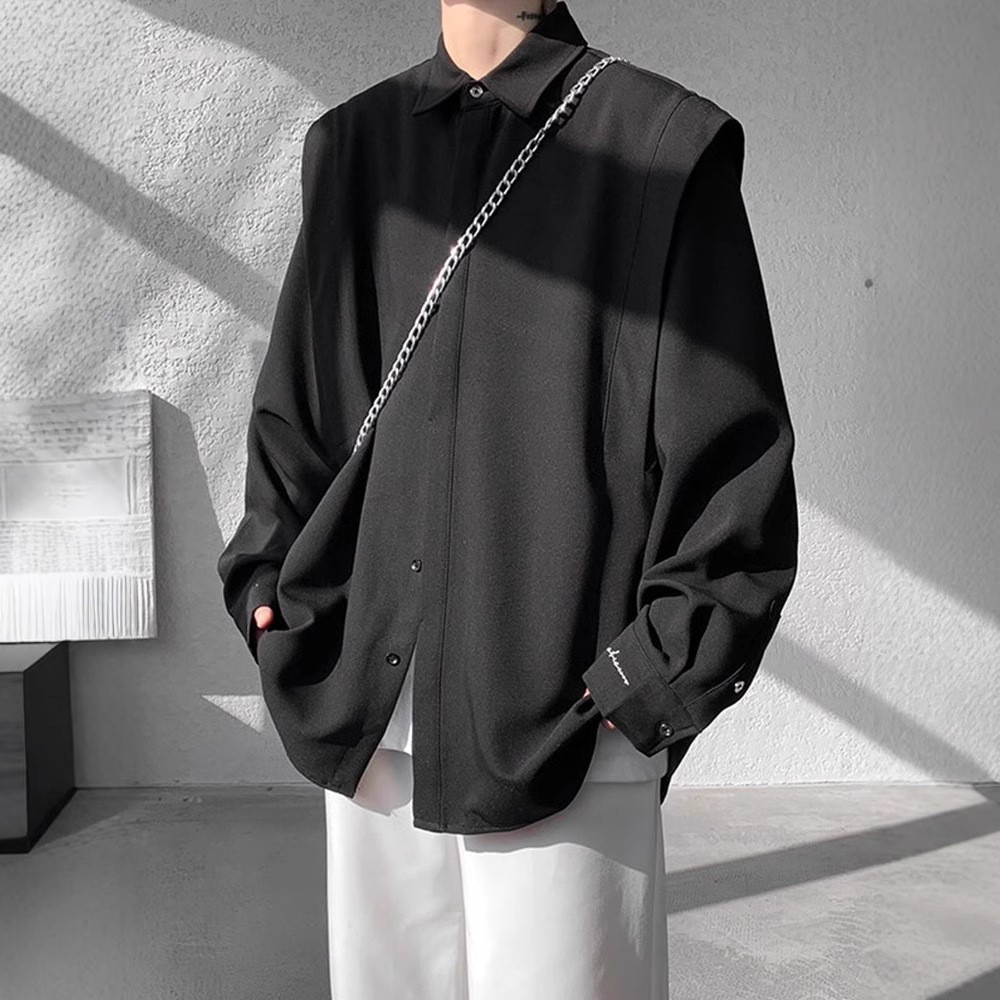 高級感痞帥廓形百搭美式潮牌假兩件長袖襯衣