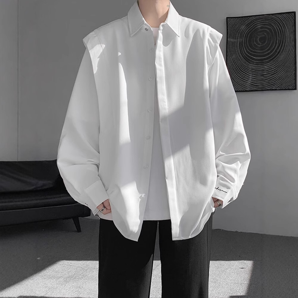 高級感痞帥廓形百搭美式潮牌假兩件長袖襯衣