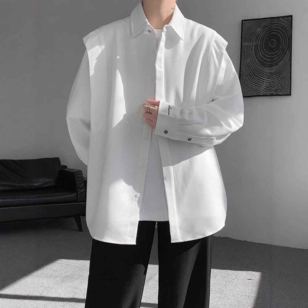 高級感痞帥廓形百搭美式潮牌假兩件長袖襯衣