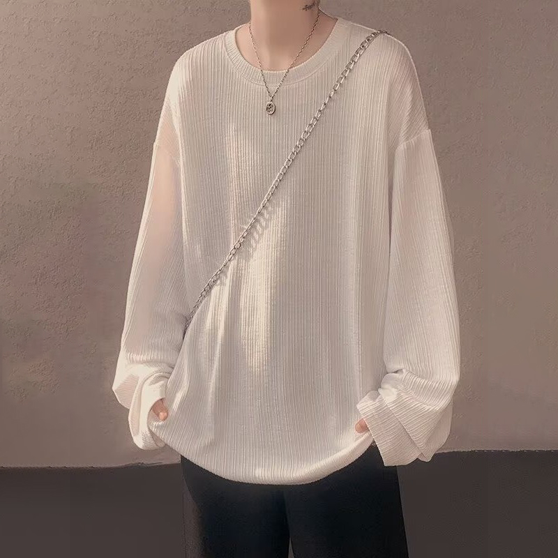 日系潮流慵懶原宿百搭肌理純色褶皺長袖t恤