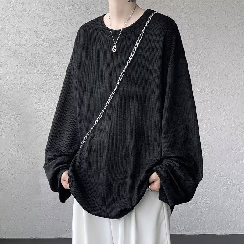 日系潮流慵懶原宿百搭肌理純色褶皺長袖t恤