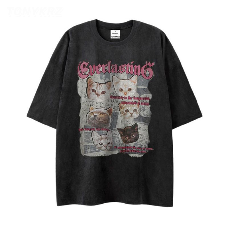 美式暗黑亞比風印花情侶寬鬆麂皮絨短袖t恤