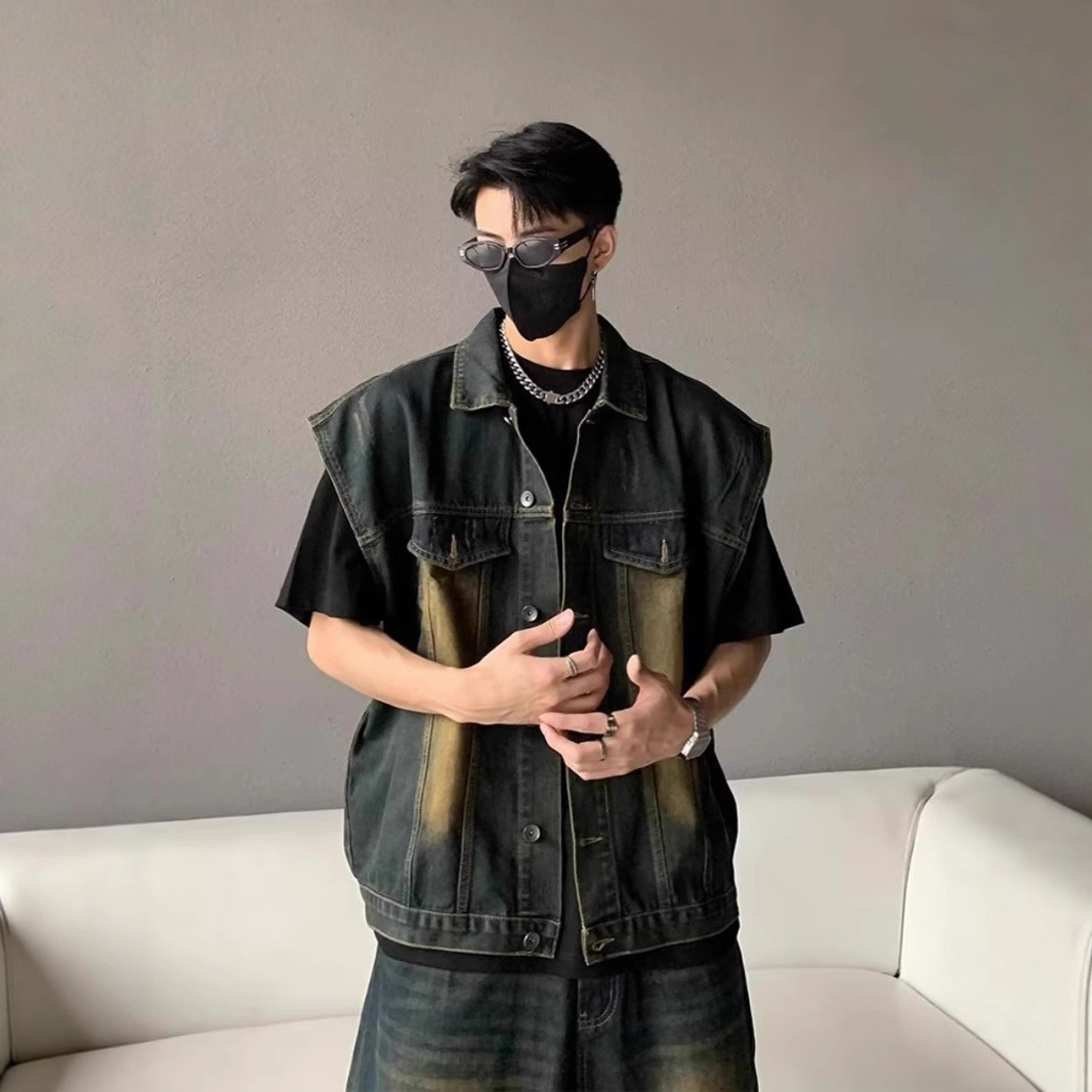 【單件】美式街頭復古水洗馬甲+破洞五分牛仔褲套裝