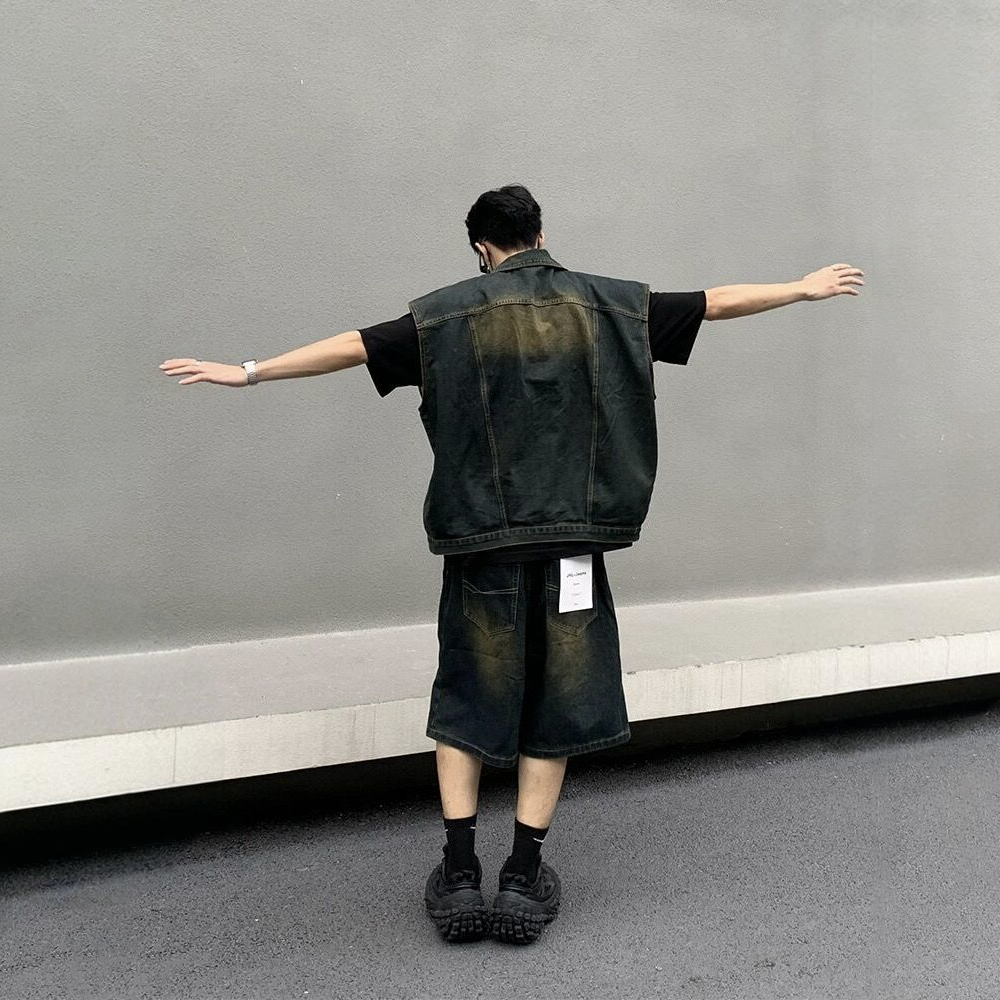 【單件】美式街頭復古水洗馬甲+破洞五分牛仔褲套裝