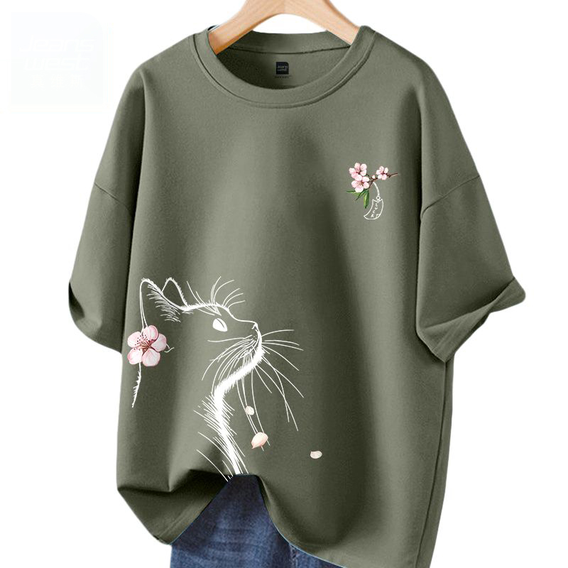 時尚潮流小貓望月休閒寬鬆純棉短袖t恤