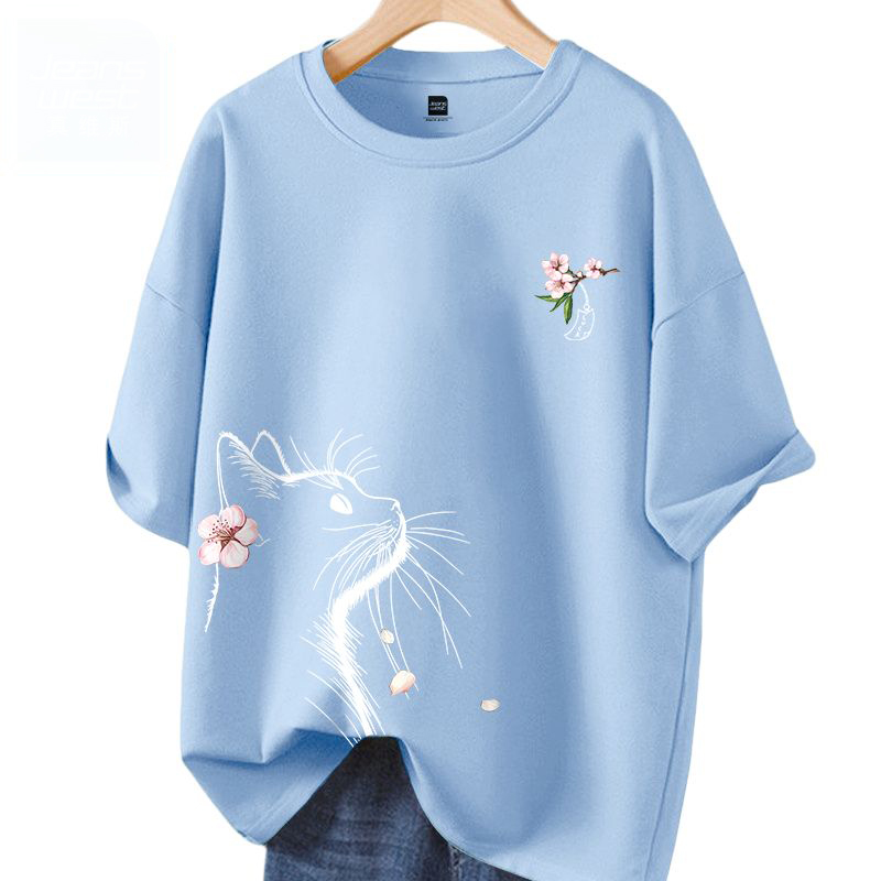 時尚潮流小貓望月休閒寬鬆純棉短袖t恤