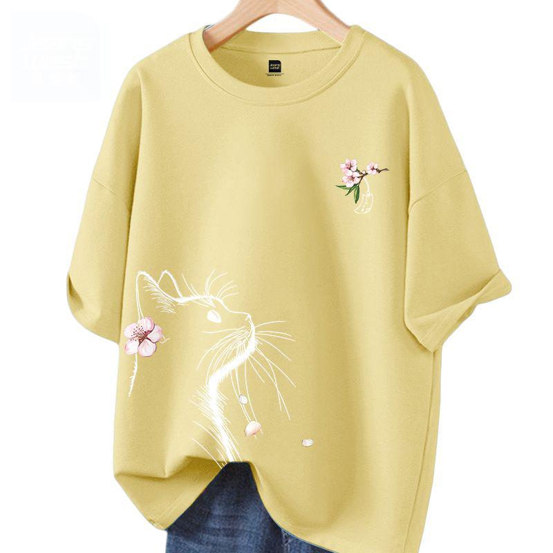 時尚潮流小貓望月休閒寬鬆純棉短袖t恤