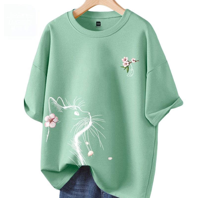 時尚潮流小貓望月休閒寬鬆純棉短袖t恤