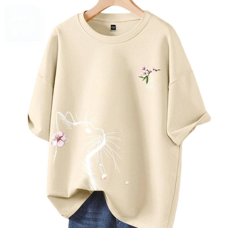 時尚潮流小貓望月休閒寬鬆純棉短袖t恤