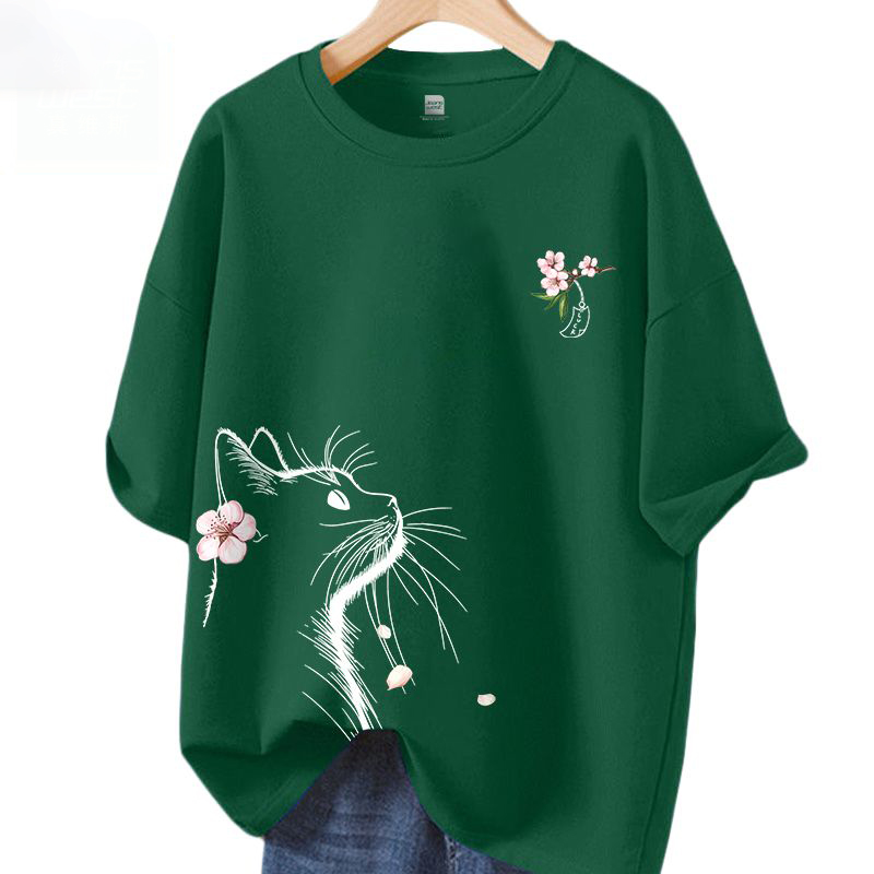 時尚潮流小貓望月休閒寬鬆純棉短袖t恤